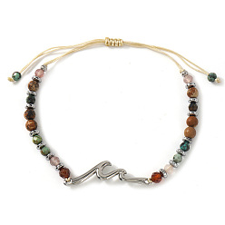 Смешанные камни 304 Браслеты из нержавеющей стали с волнообразными звеньями, Женские плетеные браслеты из бусин из натуральных смешанных драгоценных камней, 6.50 дюйм (16.5 см) ~ 6.69 дюйм (17 см)