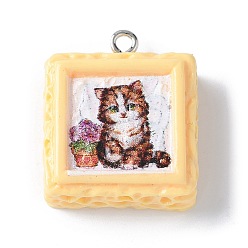 Мокасин Непрозрачные подвески смолы, квадрат с кошачьими подвесками, с платиновыми железными петлями, мокасин, 25x21x8.5 мм, отверстие : 2 мм