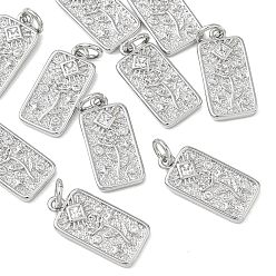 Platinum SHEGRACE Valentine's Day Brass Clear Cubic Zirconia Pendants, Rectangle with Rose Flower Charms, Cadmium Free & Lead Free & Nickel Free, Platinum, 17.5x8.5x2mm, Hole: 3.5mm