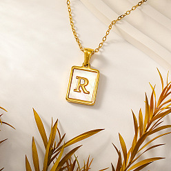 Letter R Прямоугольник 304 ожерелья с инициалами из нержавеющей стали с натуральным белым ракушечником для женщин, реальный 18 k позолоченный, Буква R, 15.75 дюйм (40 см)