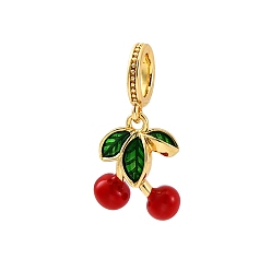 Настоящее золото 18K Латунная эмаль красная вишня европейские подвески, Фрукты подвески с большими отверстиями, стойки покрытие, долговечный, без свинца и без кадмия, реальный 18 k позолоченный, 19 мм, отверстие : 5 мм