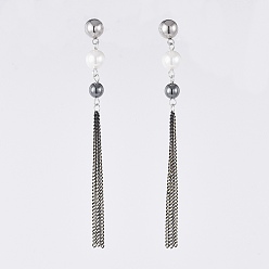 White Dangle Stud Earrings, with 304 Stainless Steel Stud Earring Findings, Non-Magnetic Synthetic Hematite Beads and Brass Twisted Curb Chains, White, 90mm, Pin: 0.8mm