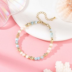 Golden Natural Larimar Faceted Cube and Pearl Beaded Bracelets with Brass Beads for Women, Golden, 7.32 inch(18.6cm)