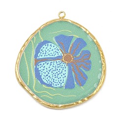 Средний Аквамарин Печатные 304 подвески из нержавеющей стали, плоские круглые с цветочным узором, вакуумное покрытие pvd, реальный 18 k позолоченный, средний аквамарин, 32.5x29x2 мм, отверстие : 1.6 мм