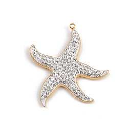 Настоящее золото 18K 304 подвески из нержавеющей стали и глиняных страз, морская звезда, ионное покрытие (ip), реальный 18 k позолоченный, 34.5x34.5x3.5 мм, отверстие : 1.4 мм