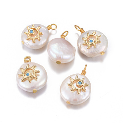 Темно-Голубой Подвески из натурального пресноводного жемчуга, с латунными микро проложить кубических выводы циркония, самородки с солнцем, золотые, глубокое синее небо, 17~26x11~16x5~11 мм, отверстие : 1.6~2 мм