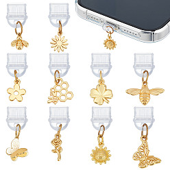 Золотой 10шт пластиковые мобильные пылезащитные заглушки, с латунными подвесками, цветы, Пчелы, золотые, 21~26 мм