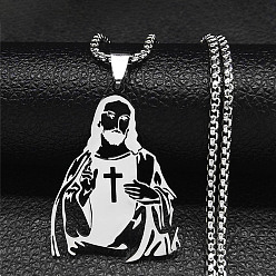 Нержавеющая Сталь Цвет Не тускнеющие 201 ожерелья с подвесками из нержавеющей стали, Иисус, цвет нержавеющей стали, 23.62 дюйм (60 см)