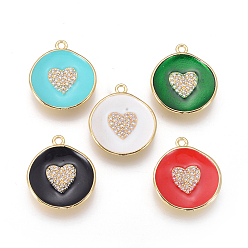 (52) Непрозрачная лаванда Кулон из позолоченной латуни с микропаве из циркония, с эмалью, долговечный, плоско-круглые с сердцем, разноцветные, 23x20x3 мм, отверстие : 1.8 мм