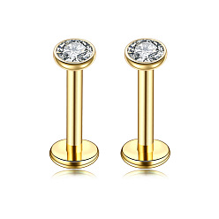 Золотой Плоские круглые лабреты из нержавеющей стали с прозрачным кубическим цирконием и внутренней резьбой, 17 калибровочные пирсинг-гвоздики ювелирные изделия для женщин и мужчин, золотые, 8 мм, штифты : 1.2 мм