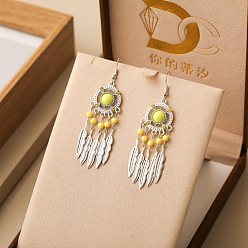 Шампанско-Желтый Серьги из сплава из смолы, плоские круглые с пером, серебряные, шампанское желтый, 70 мм