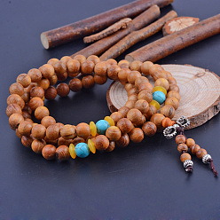 Dark Goldenrod Dual-use Items, Wrap Style Buddhist Jewelry Sandalwood Round Beaded Bracelets or Necklaces, Dark Goldenrod, 840mm, 108pcs/bracelet