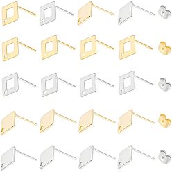 Золотой & Цвет Нержавеющей Стали 40шт. 4 стиль 304 и 201 фурнитура для сережек-гвоздиков из нержавеющей стали, с отверстием и гайками 20шт., золотые и нержавеющая сталь цвет, 9~9.5x7~9.5 мм, отверстие : 1 мм, штифты : 0.7~0.8 мм, 10 шт / стиль