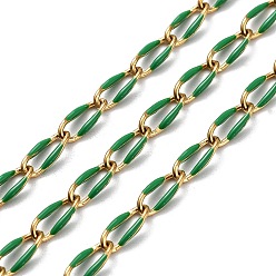Green 304 Stainless Steel Handmade Beaded Chain, with Enamel, with Spool, Soldered, Real 18K Gold Plated, Oval, Green, 9x4x1mm, about 16.40 Feet(5m)/Roll