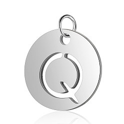 Letter Q 304 Stainless Steel Charms, Flat Round with Letter, Stainless Steel Color, Letter.Q, 12x1mm, Hole: 2.5mm