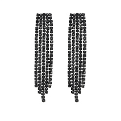 Black 304 Stainless Steel Stud Earrings, Rhinestone Chains Tassel Earrings, Black, 62x12mm