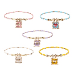 Mixed Color Glass Beaded Stretch Bracelet with Brass Beads, Head Pattern Charm Bracelet for Women, Mixed Color, Inner Diameter: 2-1/8 inch(5.3cm)