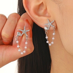 Серебро Серьги-гвоздики из цинкового сплава с кристаллами и стразами, с имитацией жемчуга, морская звезда, серебряные, 40 мм