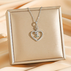 Нержавеющая Сталь Цвет Латунные микропаве прозрачные кубические цирконии сердце змея подвески ожерелья, 304 из нержавеющей стали кабель цепи ожерелья, цвет нержавеющей стали, 15.83 дюйм (40.2 см)
