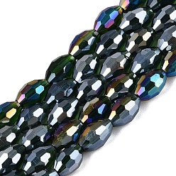 Dark Green Electroplate Transparent Glass Beads Strands, Rice, AB Color Plated, Faceted, Dark Green, 8~8.5x5.5~6mm, Hole: 1~1.2mm, about 67~68pcs/strand, 21.46~22.24 inch(54.5~56.5cm)