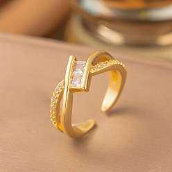 Rectangle Anillos abiertos de latón con micro pavé de circonita cúbica, dorado, Rectángulo, 15~20 mm