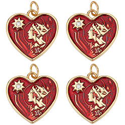 Настоящее золото 18K 6подвески из кубического циркония с покрытием из латуни с микропаве, с прыжковыми кольцами и эмалью, долговечный, без свинца и без кадмия, сердце с женщинами и солнечным шармом, реальный 18 k позолоченный, 17.5x17.5x2 мм, отверстие : 3.5 мм