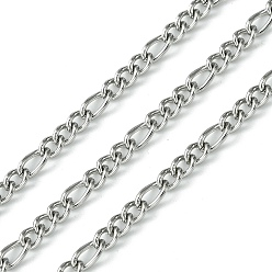Stainless Steel Color Tarnish Resistant 304 Stainless Steel Figaro Chains, Unwelded, with Spool, Stainless Steel Color, 5.5x3x1mm, 4x3x1.5mm, about 32.81 Feet(10m)/Roll