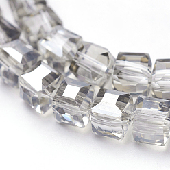 Gray Electroplate Glass Beads Strands, Half Plated, Faceted Cube, Gray, 4x4x4mm, Hole: 1mm, about 100pcs/strand, 16.9 inch