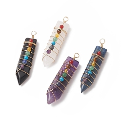 Mixed Stone Natural & Synthetic Mixed Gemstones Copper Wire Wrapped Big Pendants, Chakra Sword Charms, Light Gold, Mixed Dyed and Undyed, 60~63x13.5~16x11.5~12mm, Hole: 4~5mm
