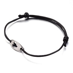 Черный Корейские парафинированные полиэфирные шнуры браслеты, с изогнутым овалом и сердце 304 ссылки из нержавеющей стали, чёрные, 2-3/8 дюйм (60 мм)