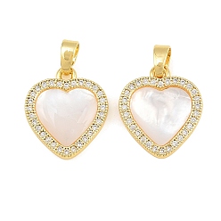 Real 18K Gold Plated Brass Micro Pave Clear Cubic Zirconia Pendants, with Shell, Heart Charms, Real 18K Gold Plated, 16x14x2.5mm, Hole: 5x3mm