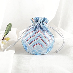 Светло-Синий Шелковые сумки на шнурке, подарочная упаковка ювелирных изделий мешок для сережек упаковка браслета, плоско-круглые, голубой, 12.5x10.5 см