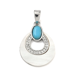 Платина Латунные микропаве прозрачные подвески с фианитом, с натуральными ракушками и искусственной бирюзой, слезинки, платина, 20.5x15x3~4.5 мм, отверстие : 5x2 мм