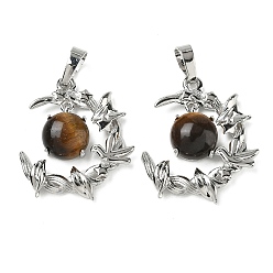 Тигровый глаз Природных тигровый глаз подвески, латунные подвески в виде птиц и луны, платина, стойки покрытие, 27~28.5x23.5~24.5x6.5~7 мм, отверстие : 7x5 мм