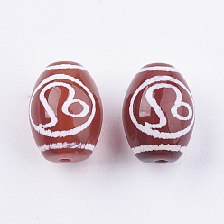 Leo Tibetan Style Constellation/Zodiac Pattern dZi Beads, Natural Agate Beads, Dyed & Heated, Barrel with Twelve Constellations, Leo, 14x10mm, Hole: 0.6mm