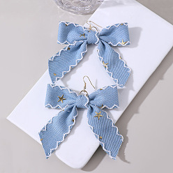 Васильковый Серьги из ткани, бантом, золотые, васильковый, 95x80 мм