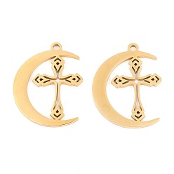 Настоящее золото 18K 304 подвески из нержавеющей стали, луна с крестом амулет, ионное покрытие (ip), реальный 18 k позолоченный, 30x22.5x1.5 мм, отверстие : 2 мм