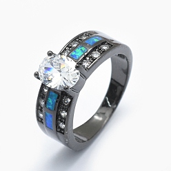 Черный Цвет Металла Кубические кольца из циркония, с синтетическим опалом и медными находками, долговечный, овальные, Размер 7, прозрачные, металлический черный , 17.5 мм