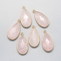 Pink Natural Rose Quartz Pendants, with Golden Tone Brass Findings, Faceted, teardrop, Pink, 32.5~33x16x6mm, Hole: 2.5mm