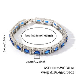 Синий Элегантные латунные прямоугольные звенья цепи браслеты для женщин кубический цирконий, со стразами, синие, 7-1/8 дюйм (18 см), ссылка: 60x40 mm