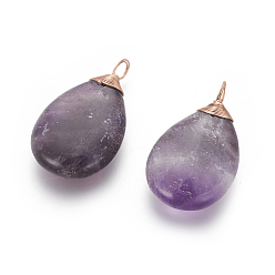 Amethyst Natural Amethyst Pendants, with Rose Gold Tone Brass Findings, teardrop, 36~37x21~22x7~8mm, Hole: 4~5mm