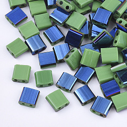Light Green FGB 2-Hole Glass Seed Beads, Half Blue Plated Colours, Square, Light Green, 5x4.5~5.5x2~2.5mm, Hole: 0.5~0.8mm, about 1180pcs/bag