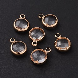 Clear Golden Tone Brass Glass Flat Round Charms, Faceted, Clear, 12x8.5x3mm, Hole: 1.5mm