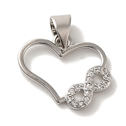 Платина Подвеска из латуни с микропаве из кубического циркония, без кадмия и без свинца, долговечный, Сердце с бесконечностью, платина, 14x15.5x2 мм, отверстие : 5x3.5 мм