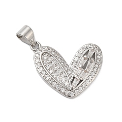 Платина Подвески из латуни и прозрачного циркония с покрытием стойки, без кадмия и без свинца, долговечный, сердце, платина, 15.5x18.5x3 мм, отверстие : 4x3.5 мм