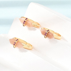 Moonstone Brass Micro Pave Cubic Zirconia Cuff Open Rings for Women, Bullet, with Natural Moonstone, Rack Plating, Long-Lasting Plated, Lead Free & Cadmium Free, Real 18K Gold Plated, US Size 7 1/4(17.5mm)