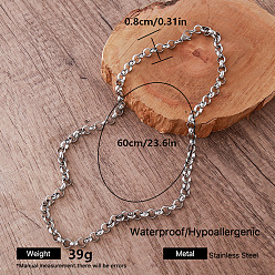 Stainless Steel Color Vintage Style 8MM 304 Stainless Steel Rolo Chain Necklaces for Women, Stainless Steel Color, 23.62 inch(60cm)