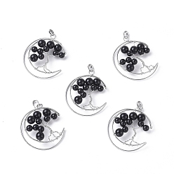(946F)Морозный цвет внутри  Жонкиль / Непрозрачная зеленая подкладка Натуральный черный агат большие кулоны, с латунной фурнитурой платинового цвета, луна с деревом, 50~53x41~43x8~10 мм, отверстие : 7x5 мм
