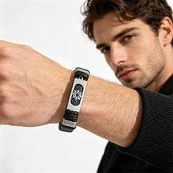 Anchor & Helm 304 Pulseras de cordón de acero inoxidable y piel sintética negra para hombre, color acero inoxidable, ancla y timón, 8.27 pulgada (21 cm)