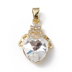 Clear Real 18K Gold Plated Rack Plating Brass Micro Pave Clear Cubic Zirconia Pendants, with Glass, Long-Lasting Plated, Cadmium Free & Lead Free, Heart Charm, Clear, 24x16x8mm, Hole: 5mm